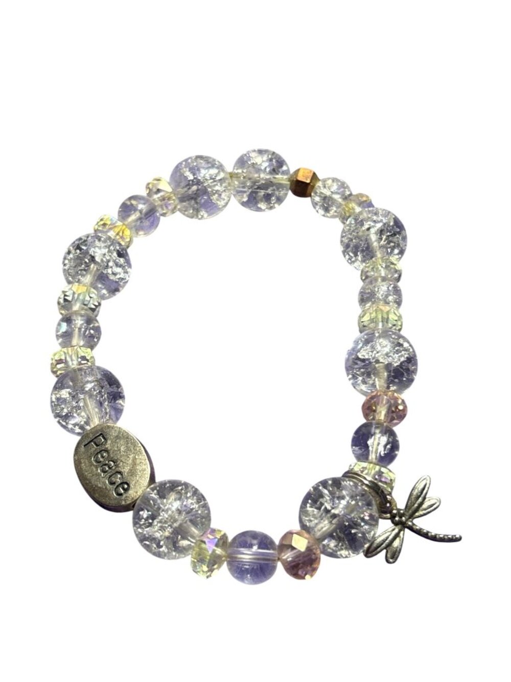 Crackled Glass Bead Stretchy Charm Bracelet Dragonfly Peace 7.25 in Unstretched